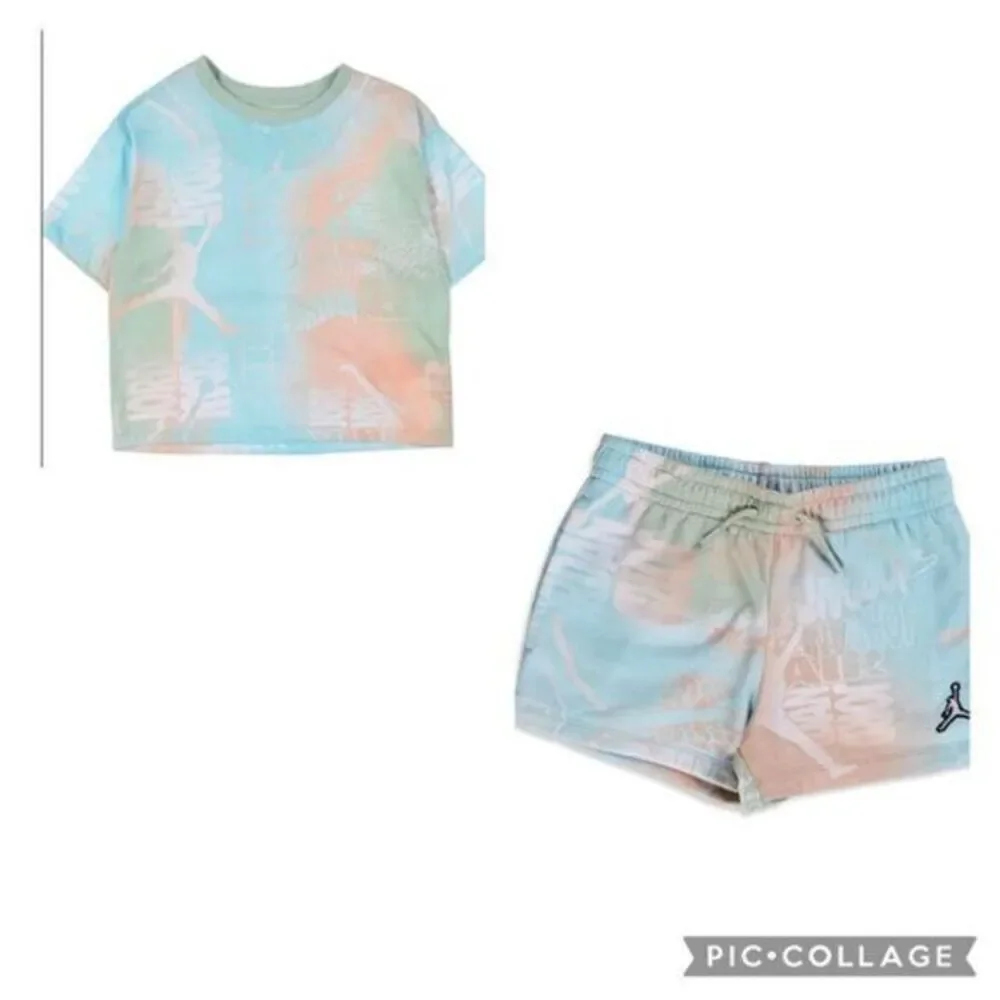NWT Jordan Girls Short Set Blue Green Tie Die Tee & Shorts Athletic- Size Medium